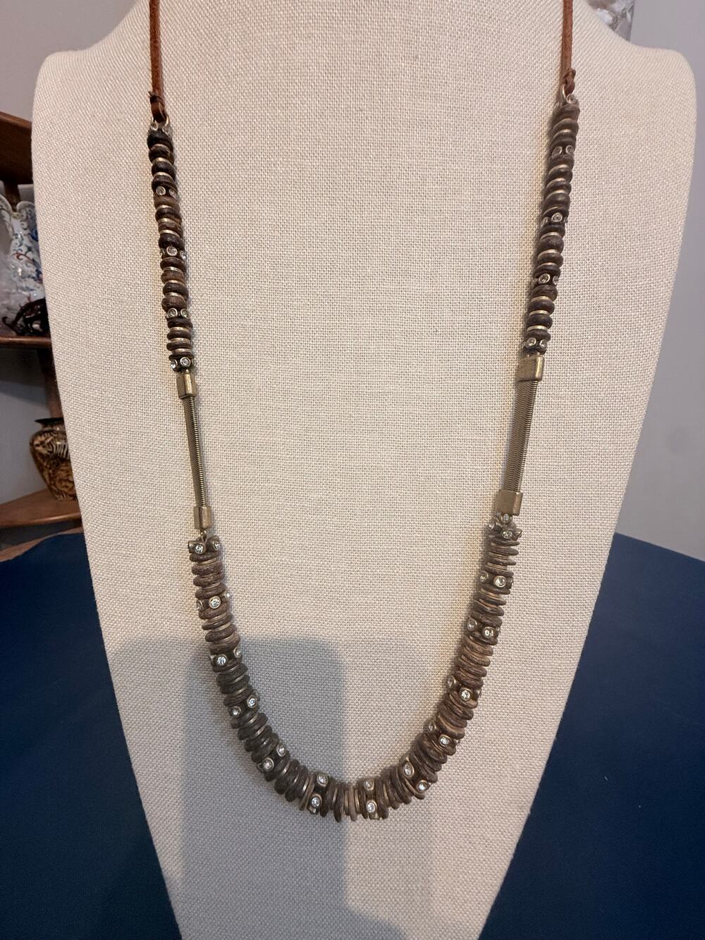 Vintage Loft 32” Wood Heishi Rhinestone Necklace Brown